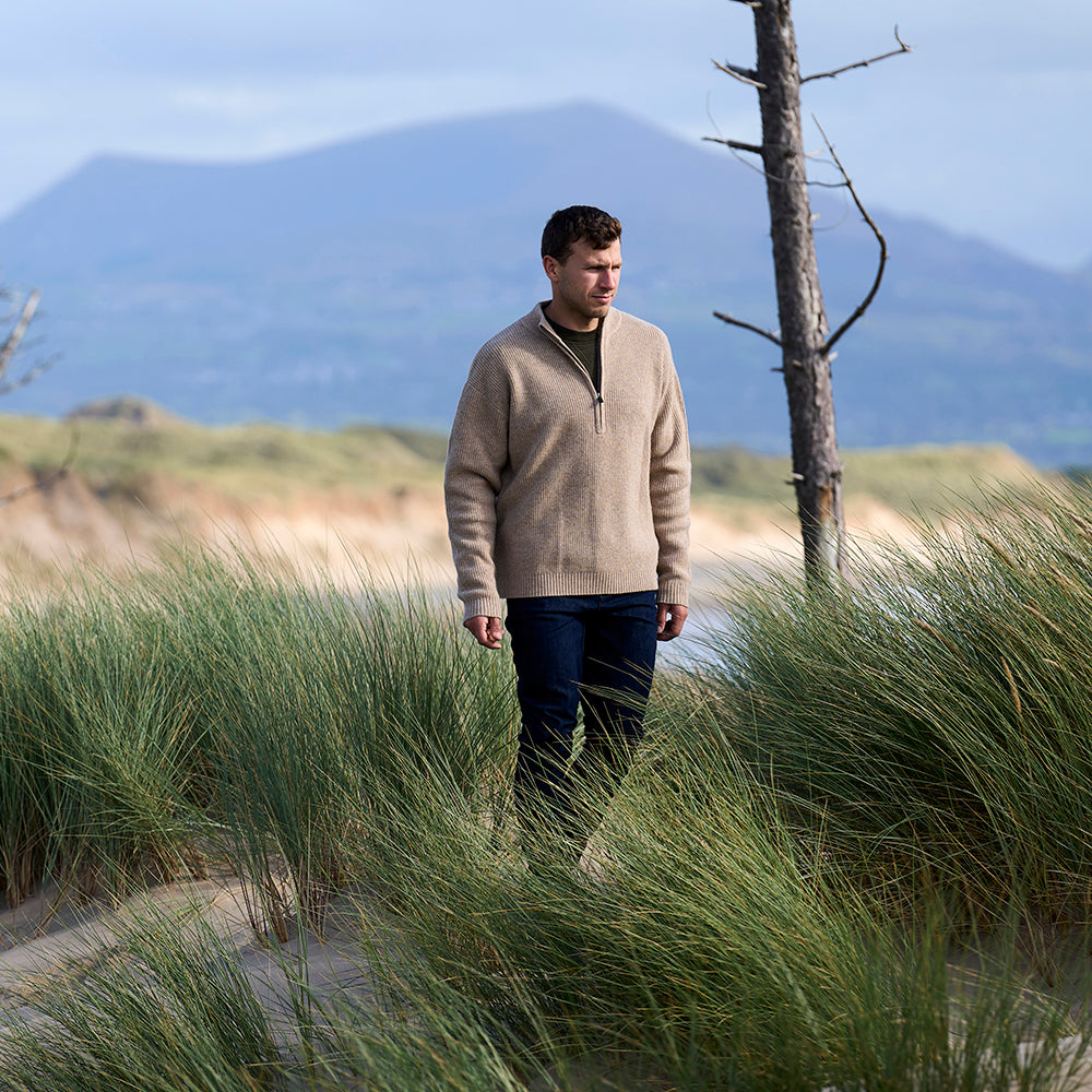 Mens Herdwick Merino Half Zip Sweater (Natural) | Model: James