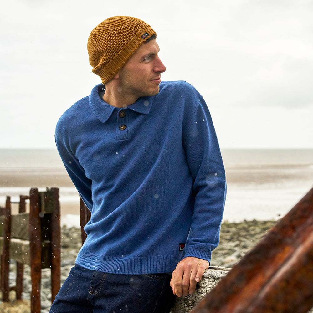 Mens Solace Merino Polo Sweater (Denim) | Model: James