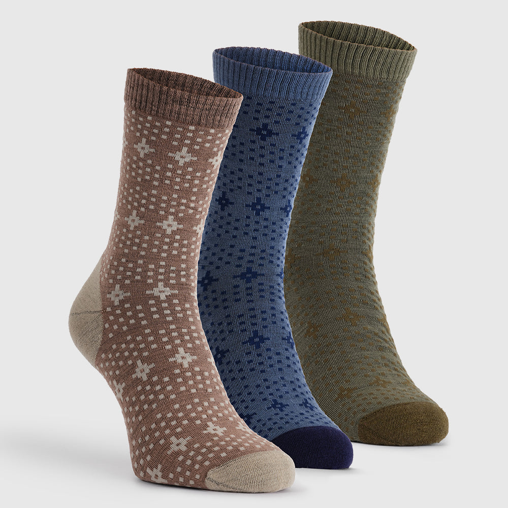 Merino Blend Festive Socks (3 Pack - Olive/Denim/Bran)