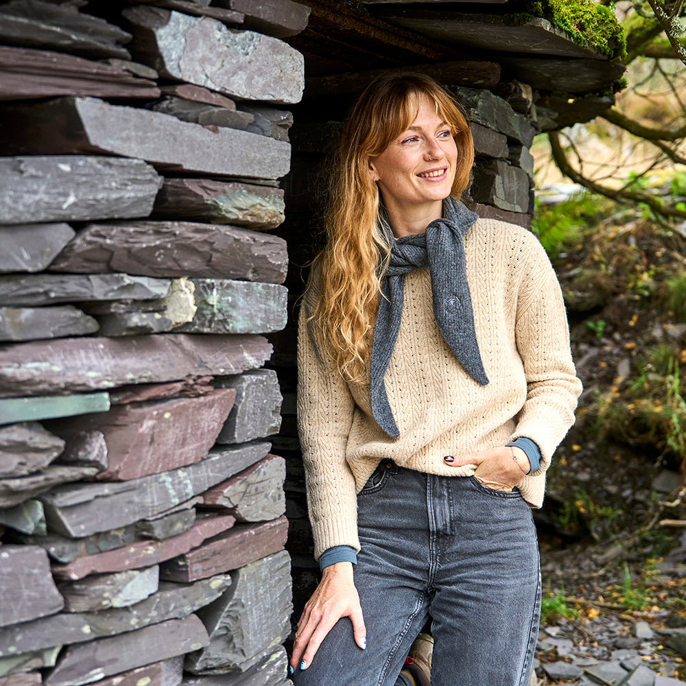 Womens Clover Merino Crew Sweater (Oatmeal) | Model: Emma