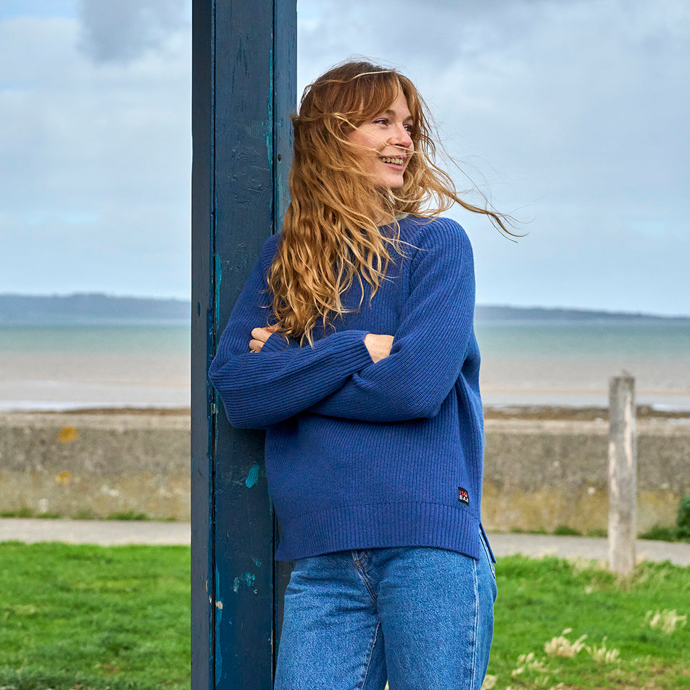 Womens Herdwick Merino Crew Sweater (Denim) | Model: Emma