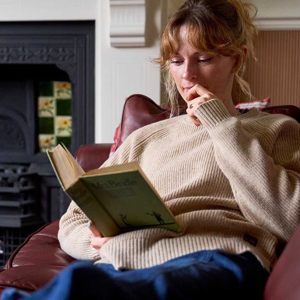 Womens Herdwick Merino Crew Sweater (Oatmeal) | Model: Emma