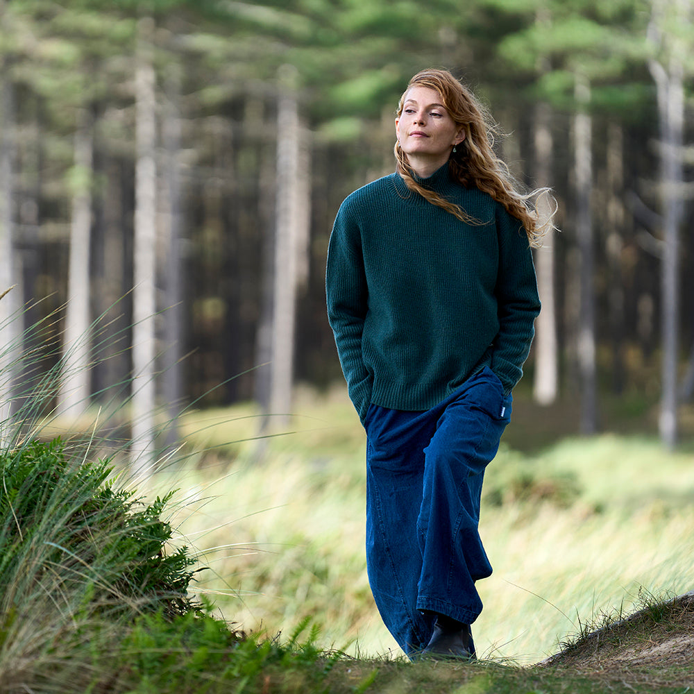 Womens Herdwick Merino Funnel Neck Sweater (Sea Green) | Model: Emma