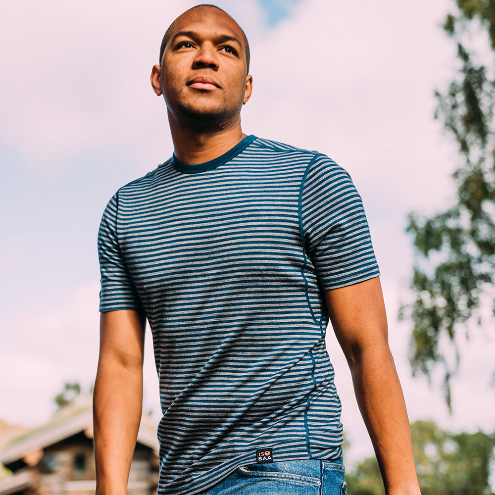 Isobaa | Mens Merino 150 Short Sleeve Crew (Stripe Petrol/Charcoal) | Gear up for performance and comfort with Isobaa's technical Merino short-sleeved top. | Model: Edirin