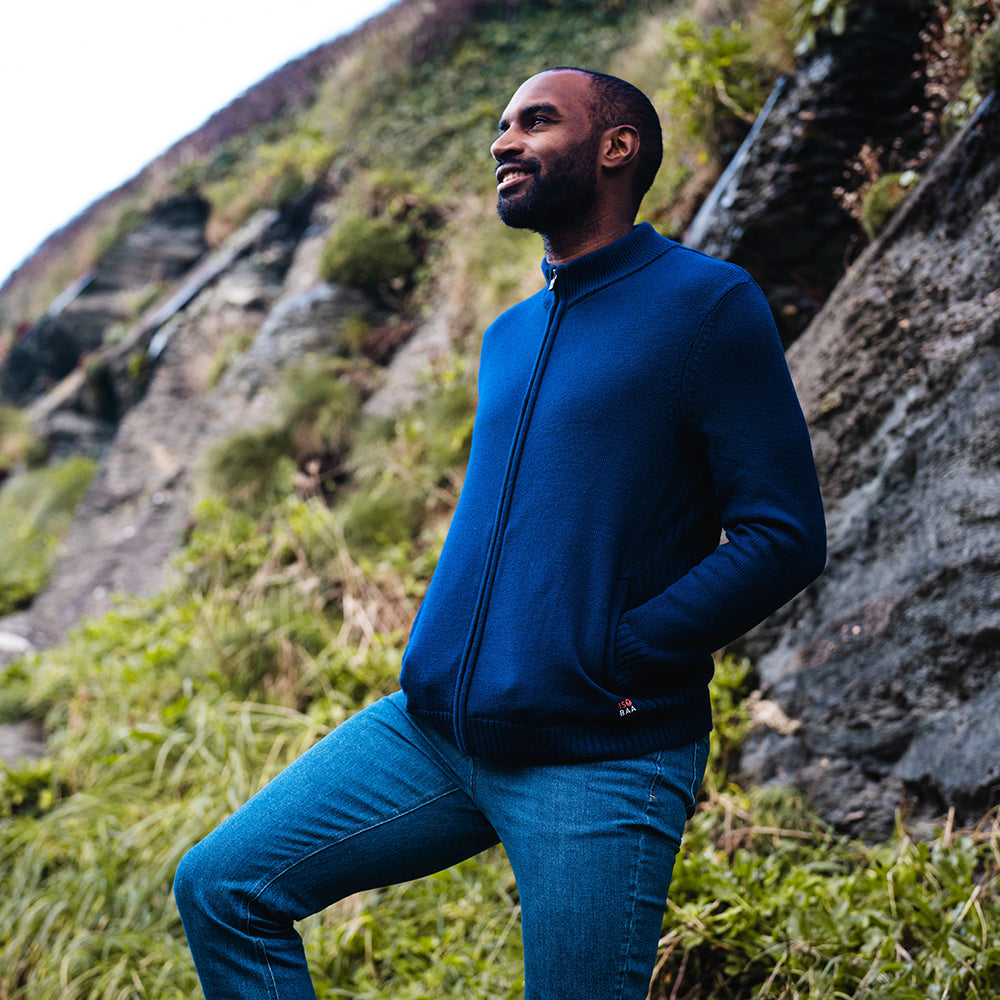 Isobaa | Mens Merino Zip Sweater (Navy) | Discover exceptional warmth, comfort, and everyday versatility with our extrafine Merino wool sweater. | Model: Michael