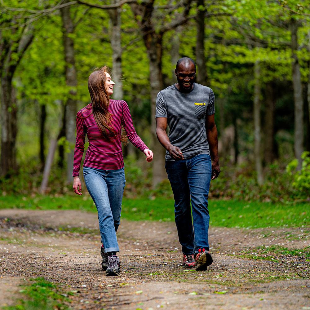 Isobaa | Mens Merino 150 Pocket Tee (Mini Stripe Smoke/Charcoal) | Gear up for outdoor adventure with Isobaa's superfine Merino Tee – a perfect blend of comfort, practicality, and sustainable design. | Model: Michael