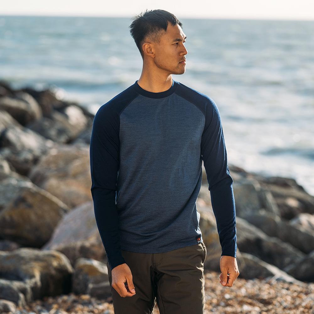 Isobaa | Mens Merino 180 Baseball Crew (Denim/Navy) | Experience the power of Merino wool with this ultimate outdoor base layer. | Model: Donald