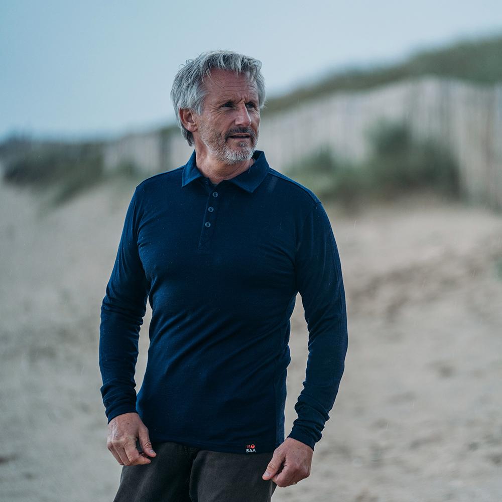 Isobaa | Mens Merino 200 Long Sleeve Polo Shirt (Navy/Denim) | Discover unmatched comfort with our 200gm Merino wool polo. | Model: Simon