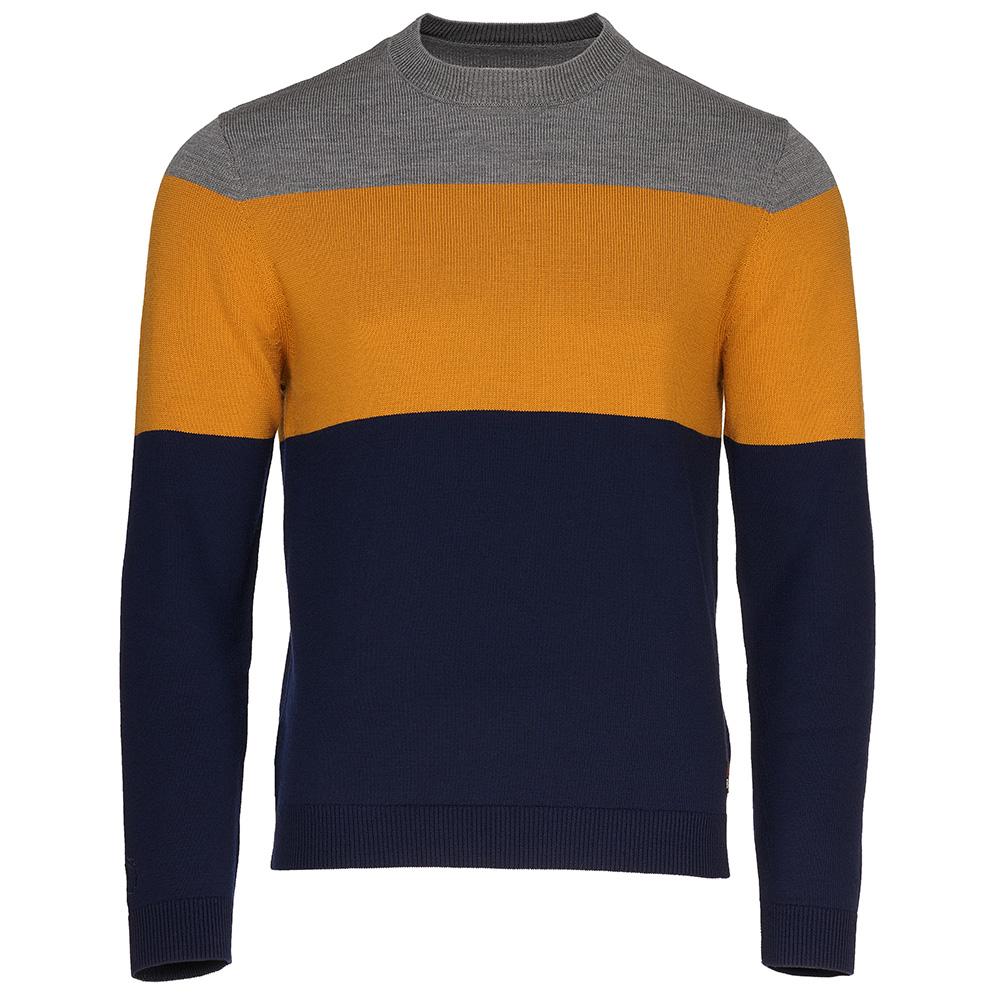 Isobaa | Mens Merino Block Stripe Sweater (Navy/Mustard/Charcoal) | Discover effortless style and exceptional comfort with our extrafine 9-gauge Merino wool crew neck sweater.