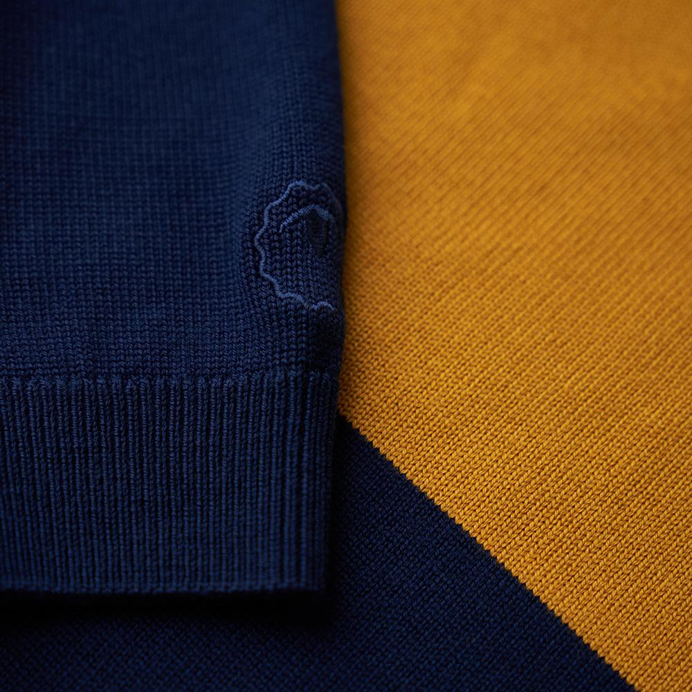 Isobaa | Mens Merino Block Stripe Sweater (Navy/Mustard/Charcoal) | Discover effortless style and exceptional comfort with our extrafine 9-gauge Merino wool crew neck sweater.