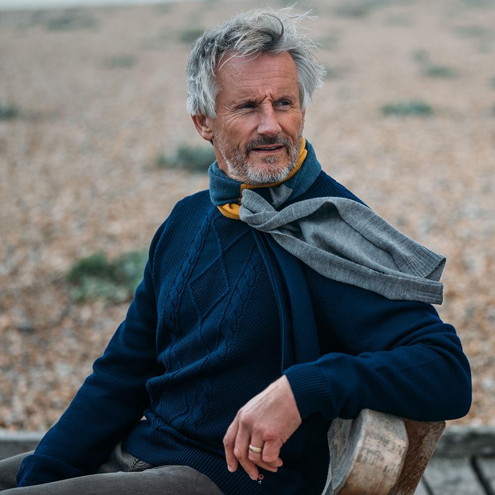 Isobaa | Mens Merino Cable Sweater (Navy) | Experience timeless style and outdoor-ready performance with our Merino wool crew neck sweater. | Model: Simon