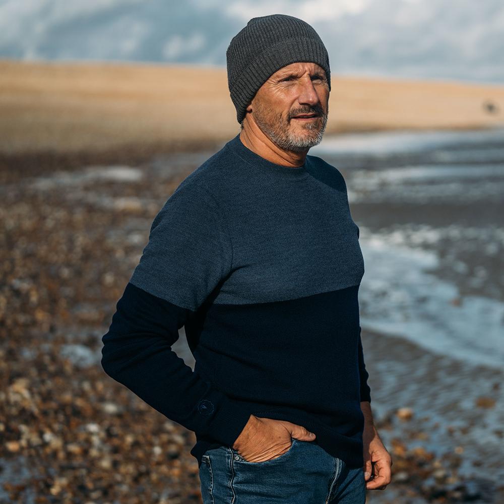 Isobaa | Mens Merino Honeycomb Sweater (Navy/Denim) | The perfect blend of function and elegance in our extrafine 12-gauge Merino wool crew neck sweater. | Model: Simon