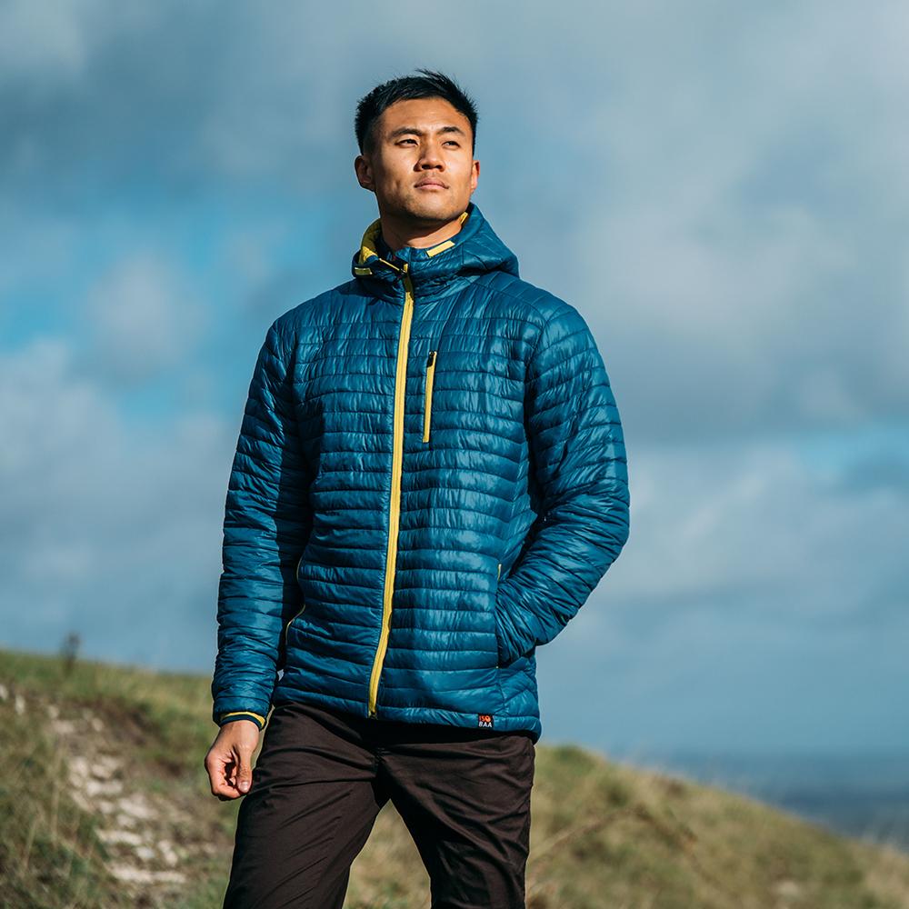 Isobaa | Mens Merino Wool Insulated Jacket (Petrol/Lime) | Innovative and sustainable design with our Merino jacket. | Model: Donald