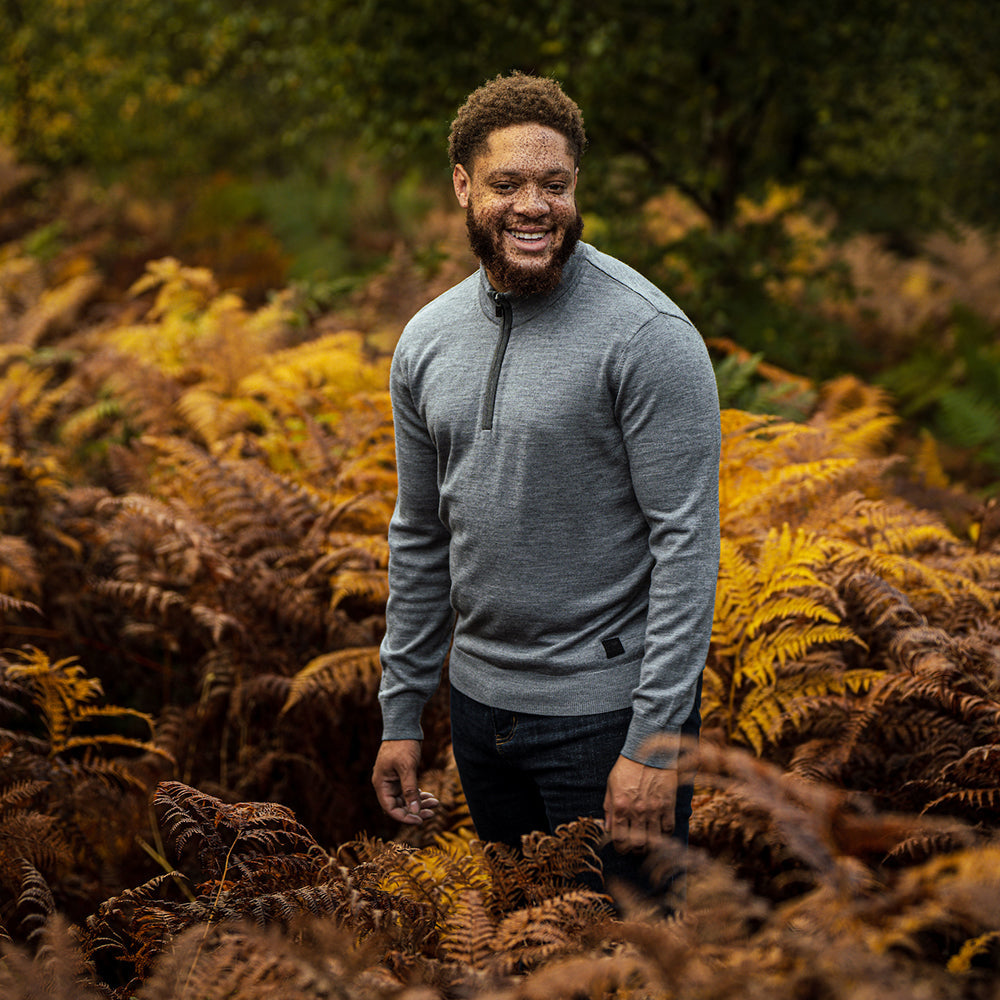 Isobaa | Mens Zip Neck Sweater (Charcoal/Smoke) | Experience premium comfort, and refined style with our Merino wool zip-neck sweater. | Model: Shaquille