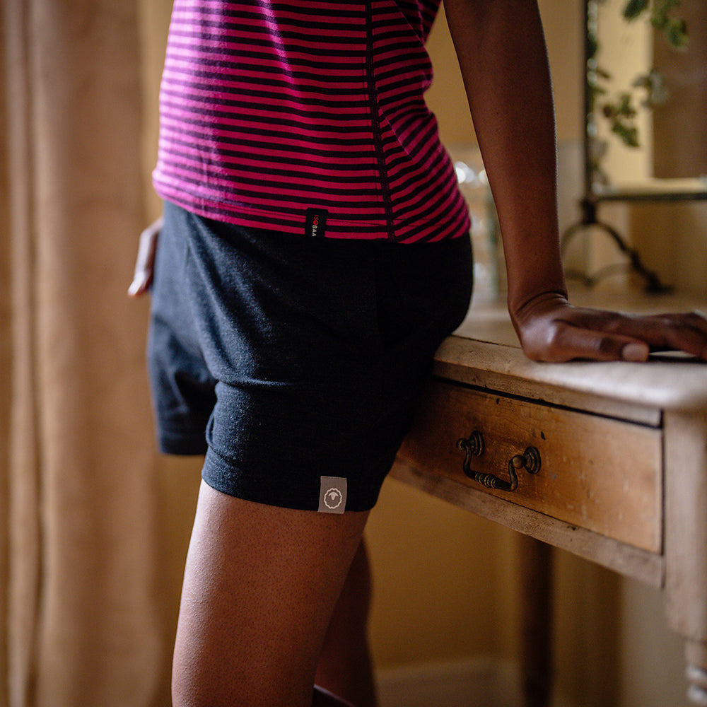Isobaa | Womens Merino Blend 200 PJ Shorts (Black Melange) | Discover breathable comfort with our Merino blend shorts. | Model: Yolisa
