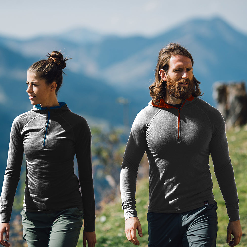 Isobaa | Womens Merino 200 Zip Neck Hoodie (Smoke) | The ultimate 200gm Merino wool hoodie. | Model: Jess