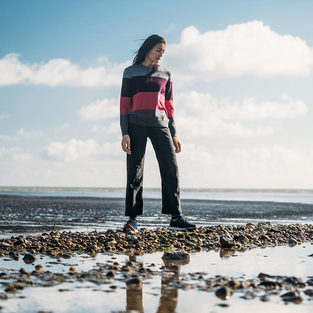 Isobaa | Womens Merino Block Stripe Sweater (Charcoal/Wine/Fuchsia/Smoke) | Discover effortless style and exceptional comfort with our extrafine 9-gauge Merino wool crew neck sweater. | Model: Jessica