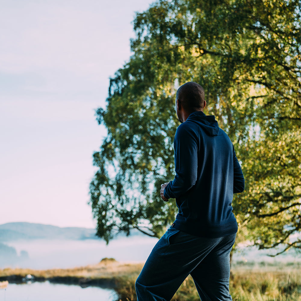 Isobaa | Mens Merino 260 Lounge Hoodie (Navy/Smoke) | Experience the best in comfort and performance with our midweight 260gm Merino wool pullover hoodie. | Model: Edirin