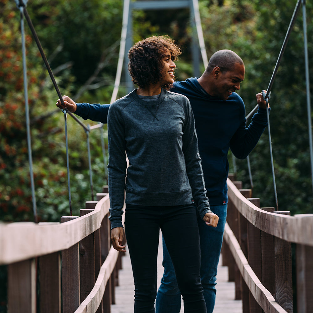 Isobaa | Womens Merino 260 Lounge Sweatshirt (Smoke) | The ultimate 260gm Merino wool sweatshirt – Your go-to for staying cosy after chilly runs, conquering weekends in style, or whenever you crave warmth without bulk. | Model: Micah