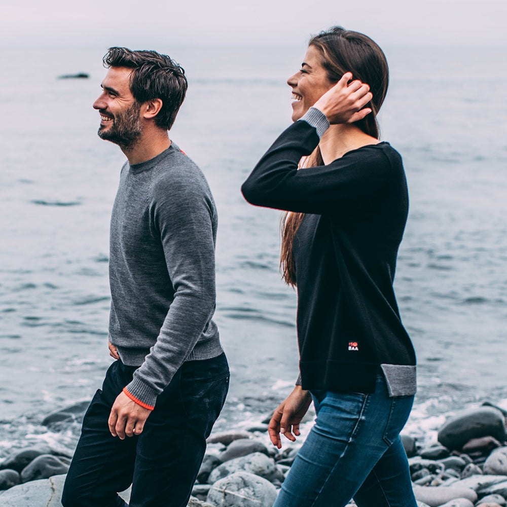 Isobaa | Womens Merino Crew Sweater (Black/Charcoal) | Everyday warmth and comfort with our superfine 12-gauge Merino wool crew neck sweater. | Model: Jess