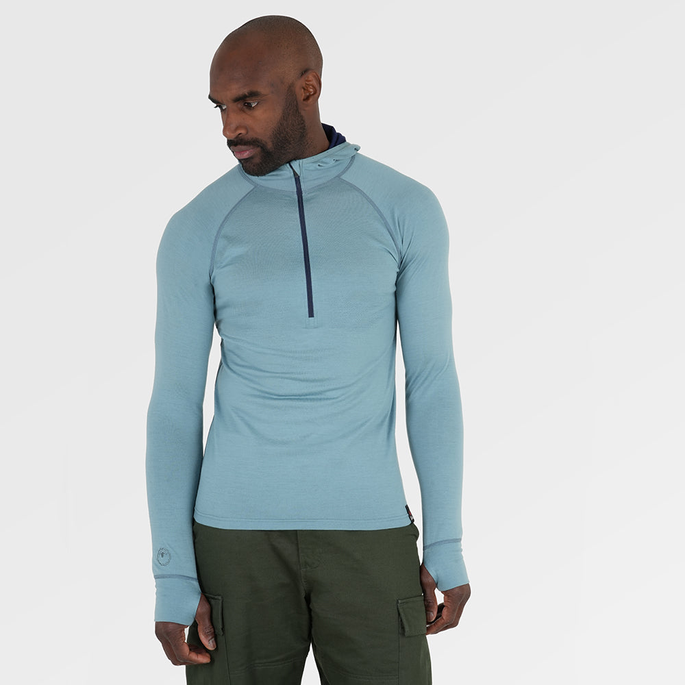 Mens Merino 200 Zip Neck Hoodie (Lagoon/Navy) | Model: Michael