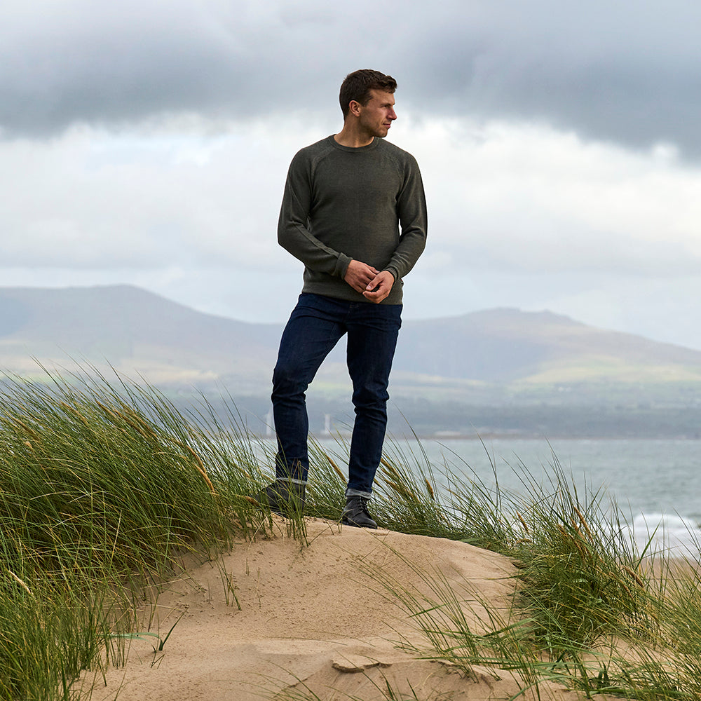 Mens Cinder Merino Moss Stitch Crew Sweater (Dark Olive) | Model: James