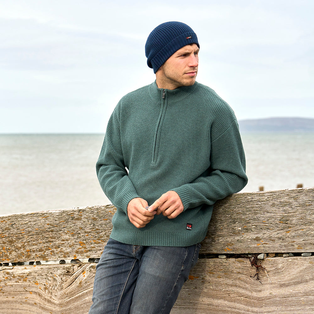 Mens Herdwick Merino Half Zip Sweater (Sea Green) | Model: James