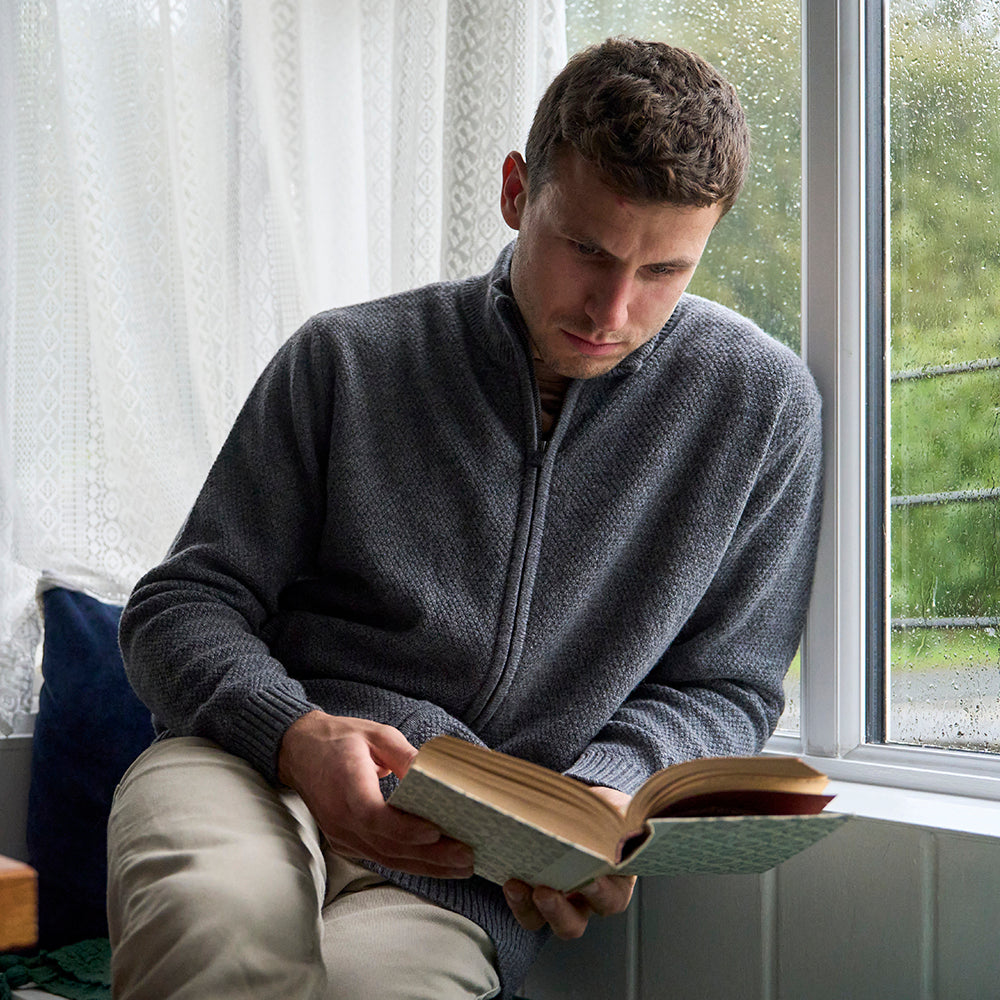 Mens Oaken Merino Full Zip Sweater (Grey) | Model: James