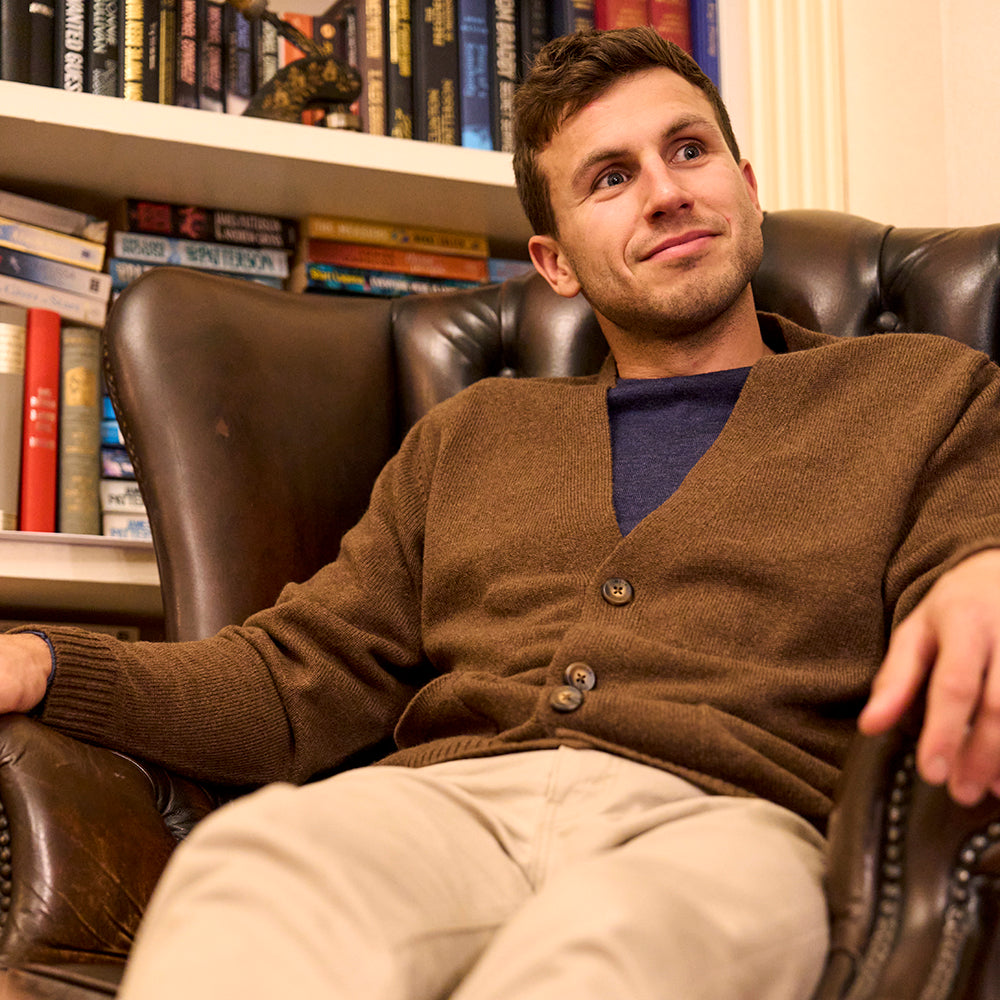 Mens Rove Merino Cardigan (Brown) | Model: James