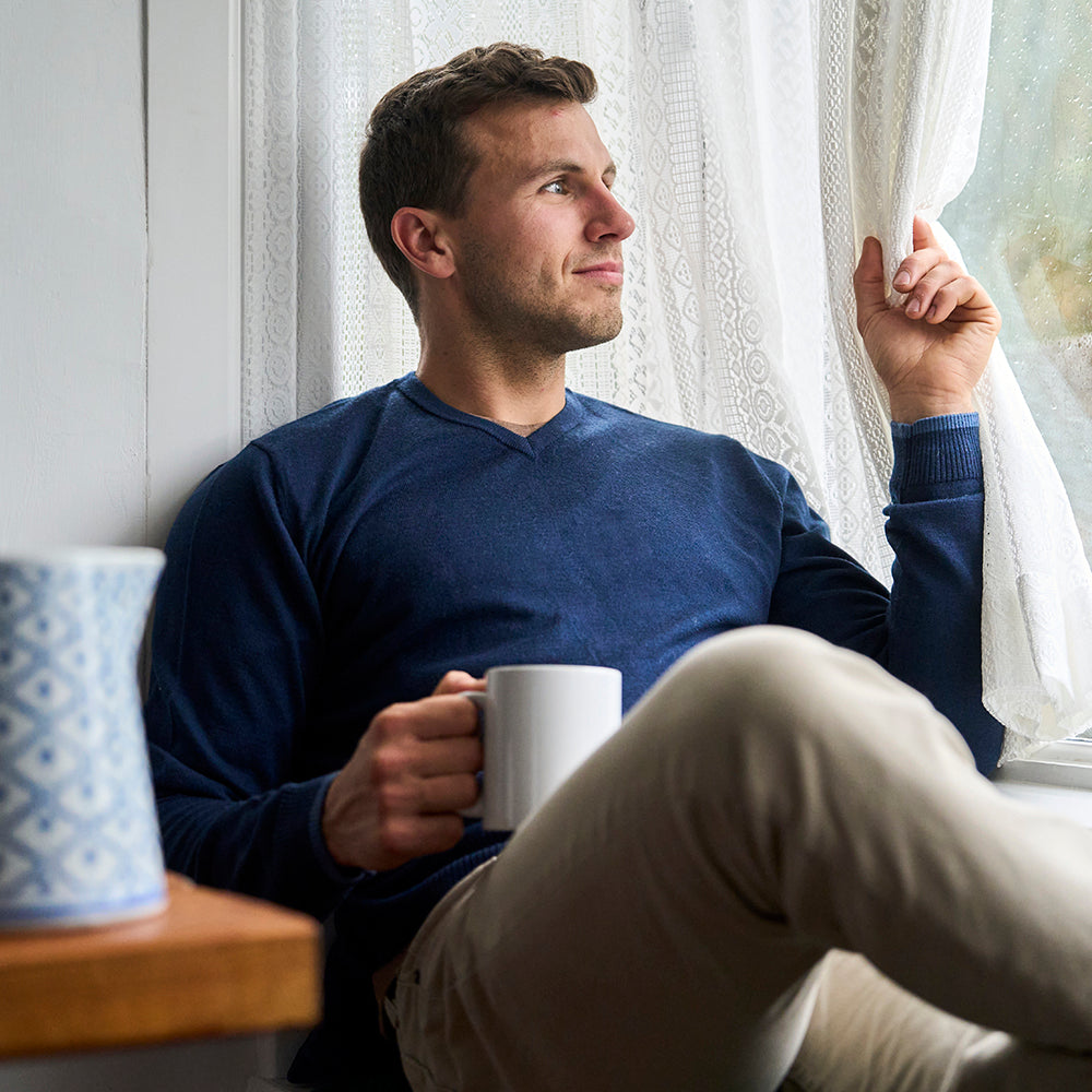 Mens Woolsey Merino V-Neck Sweater (Navy) | Model: James