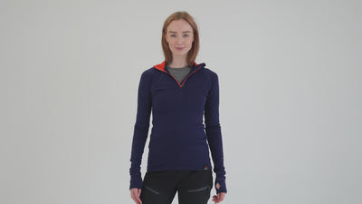 Womens Merino 200 Zip Neck Hoodie (Navy) | align: 45% 50% | Model: Sophie