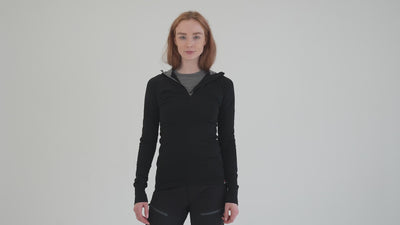 Womens Merino 200 Zip Neck Hoodie (Black) | align: 45% 50% | Model: Sophie
