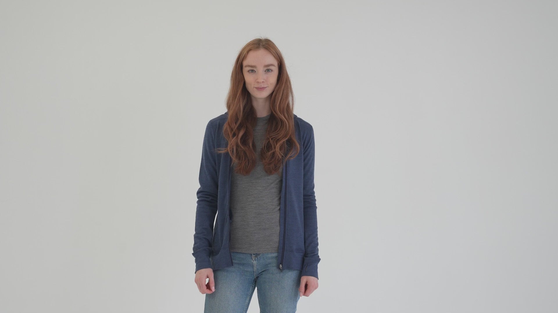 Womens Merino 260 Casual Hoodie (Denim) | align: 40% 50% | Model: Sophie