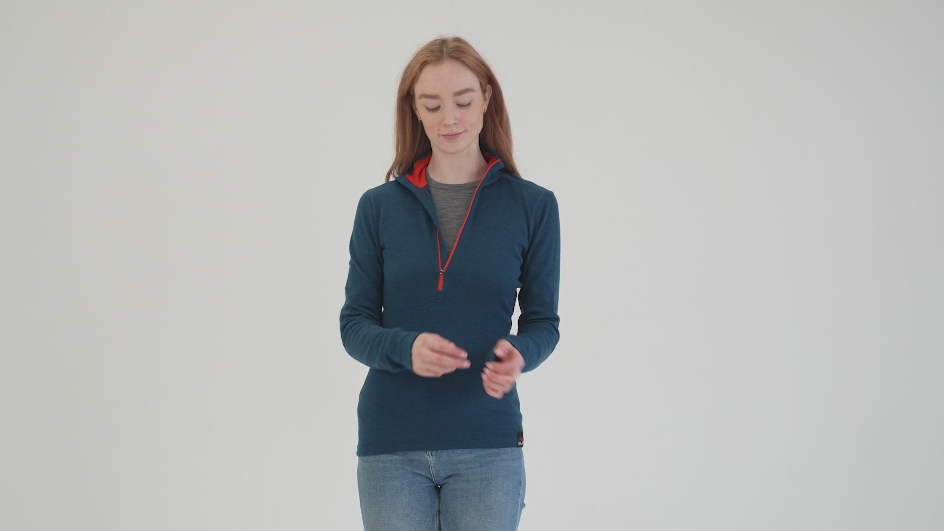 Womens Merino 320 Long Sleeve Half Zip (Petrol/Orange) | align: 45% 50% | Model: Sophie
