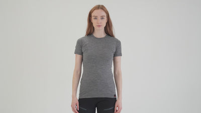 Womens Merino 150 Short Sleeve Crew (Charcoal) | Model: Sophie