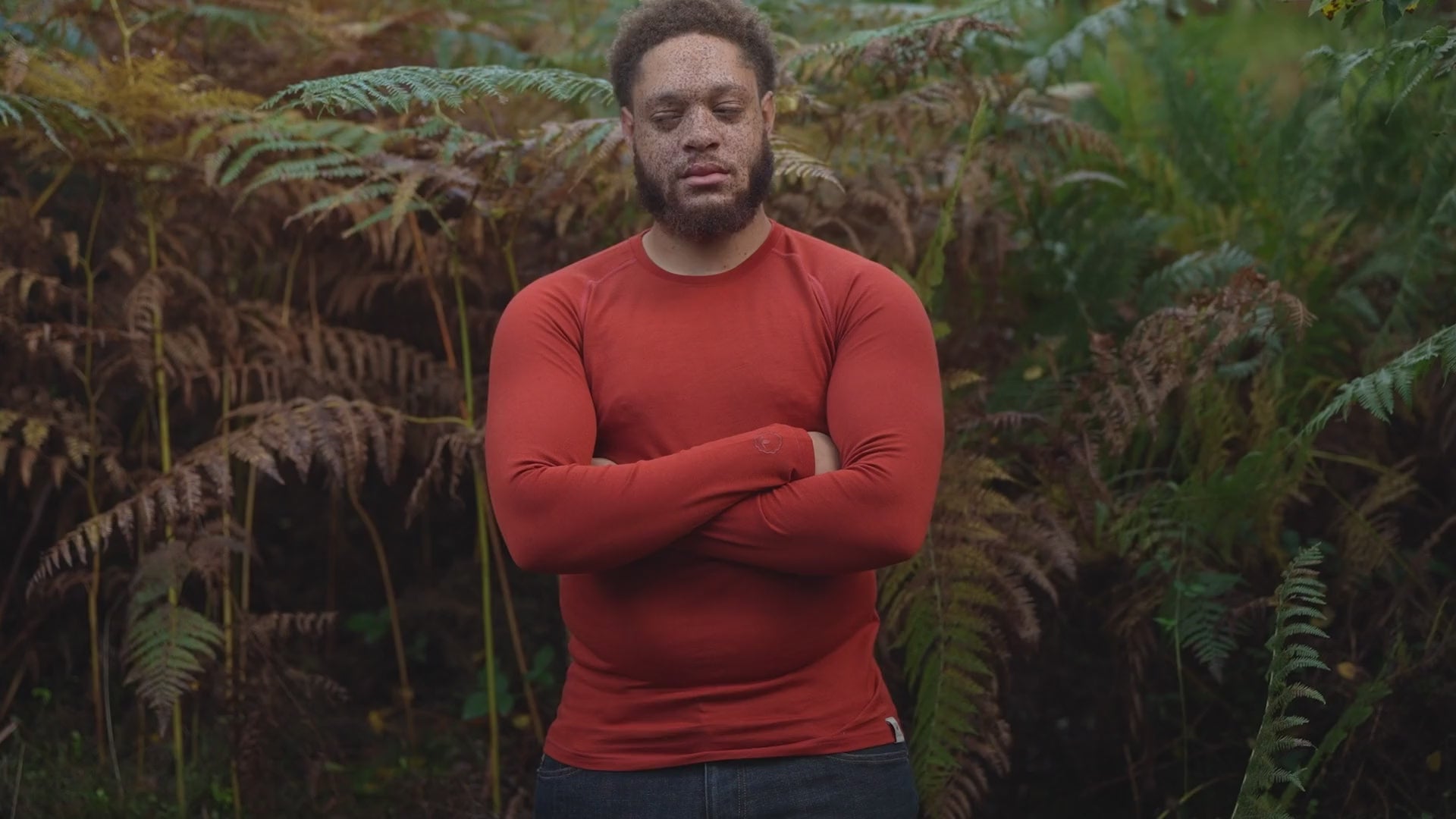 Isobaa | Mens IsoSoft 180 Long Sleeve Crew (Burnt Orange) | The ultimate adventure top. | align: 50% 40% | Model: Shaquille