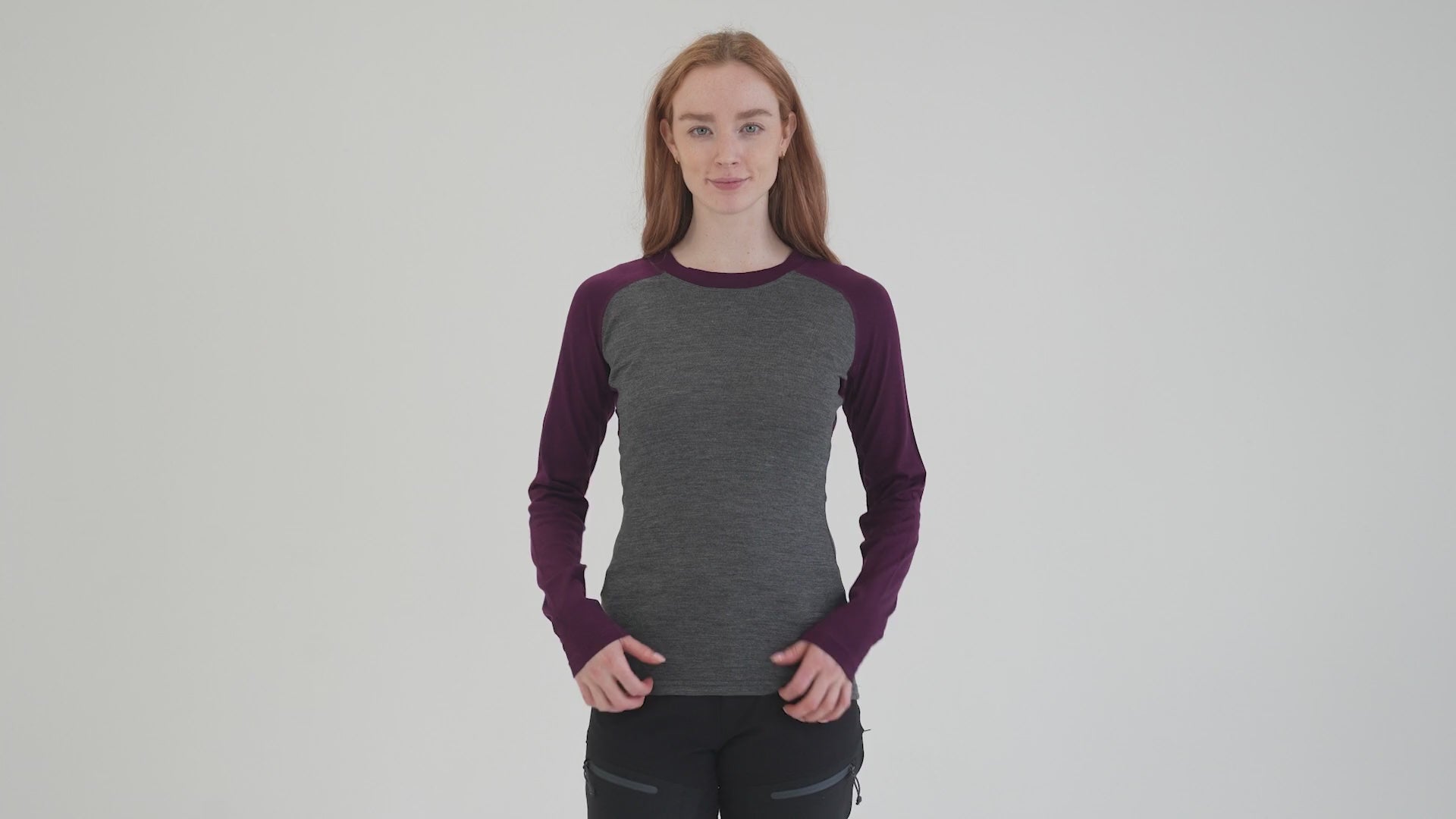 Womens Merino 180 Baseball Crew (Smoke/Wine) | Model: Sophie