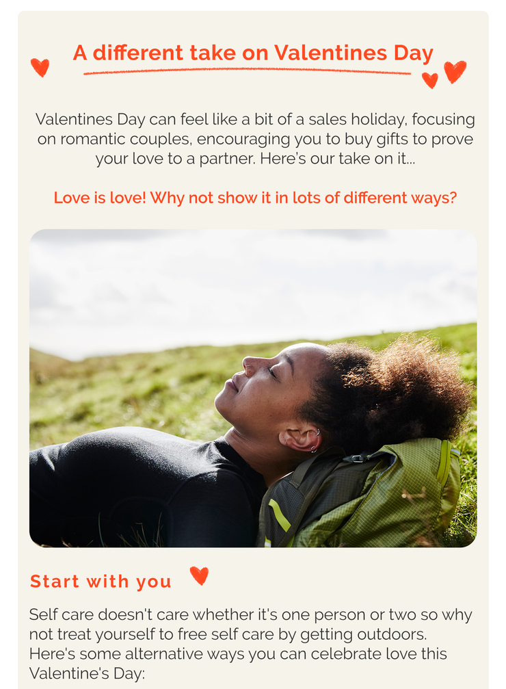 Valentine’s Day message about self care, nature, and celebrating love in different ways.