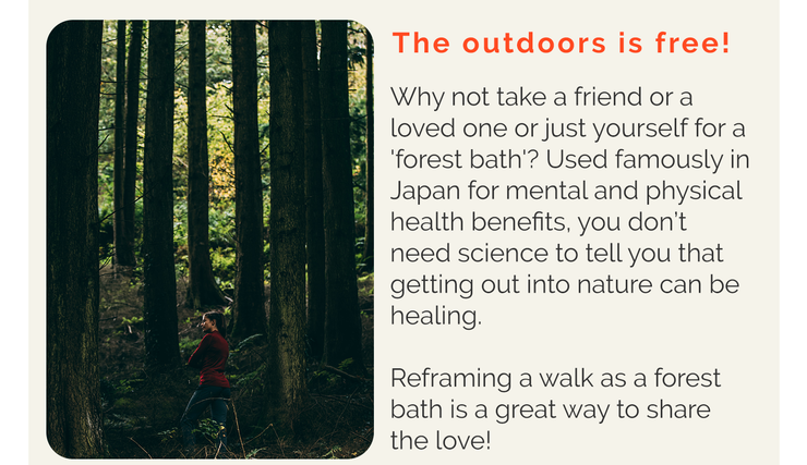 Forest scene with walker. Text explains forest bathing and benefits of time in nature.