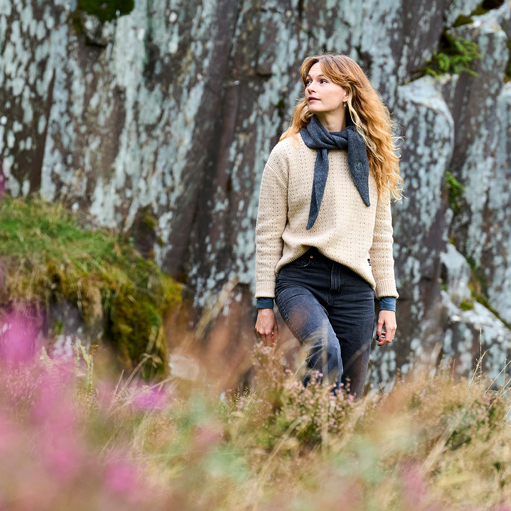 Womens Clover Merino Crew Sweater (Oatmeal) | Model: Emma