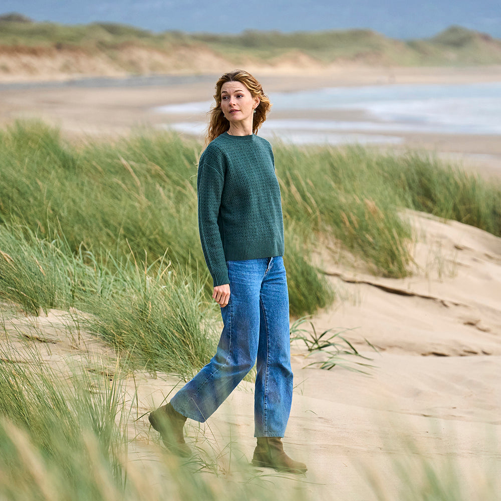 Womens Clover Merino Crew Sweater (Sea Green) | Model: Emma