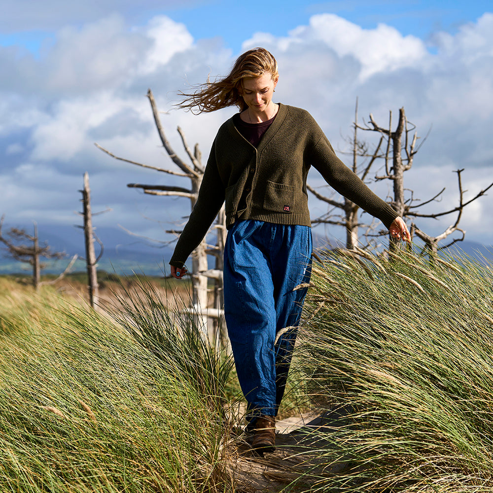 Womens Herdwick Merino Cardigan (Dark Olive) | Model: Emma