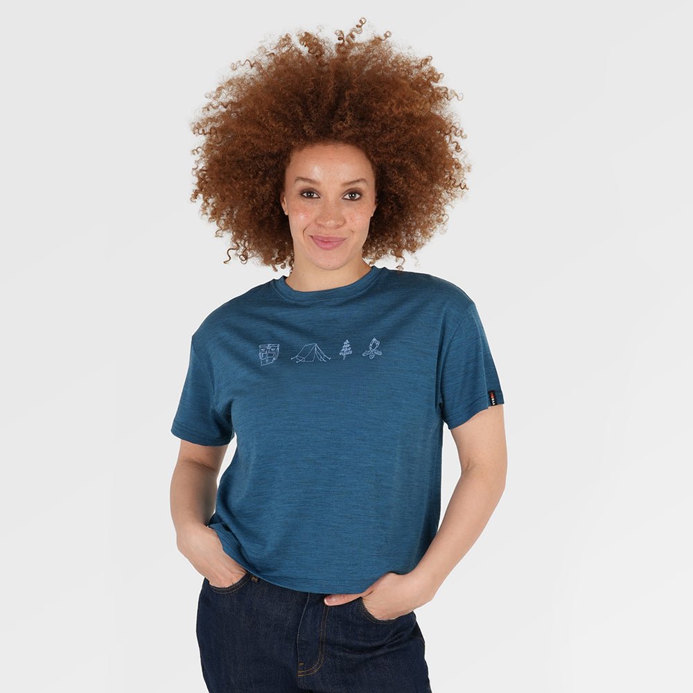 Womens Merino 150 Camping Relaxed Tee (Petrol/Sky) | Model: Chi Chi