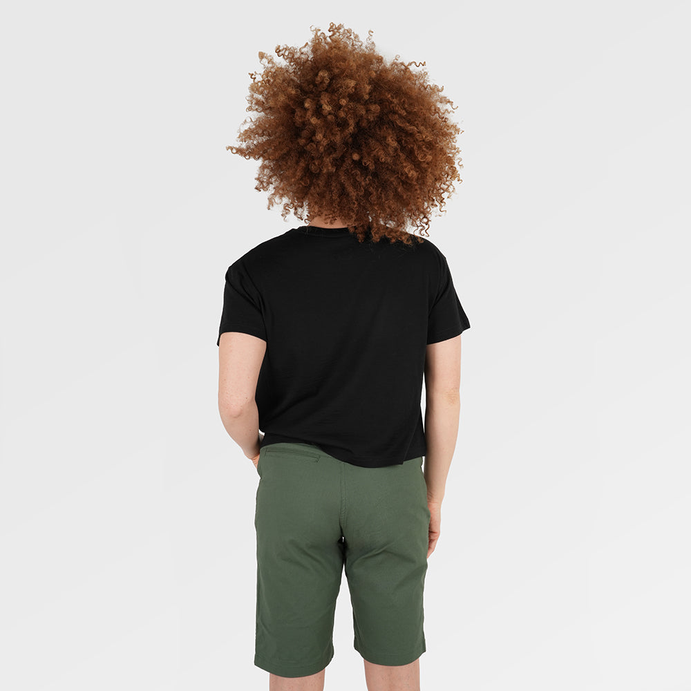 Womens Merino 150 Short Sleeve Relaxed Crew (Black) | Model: Chi Chi