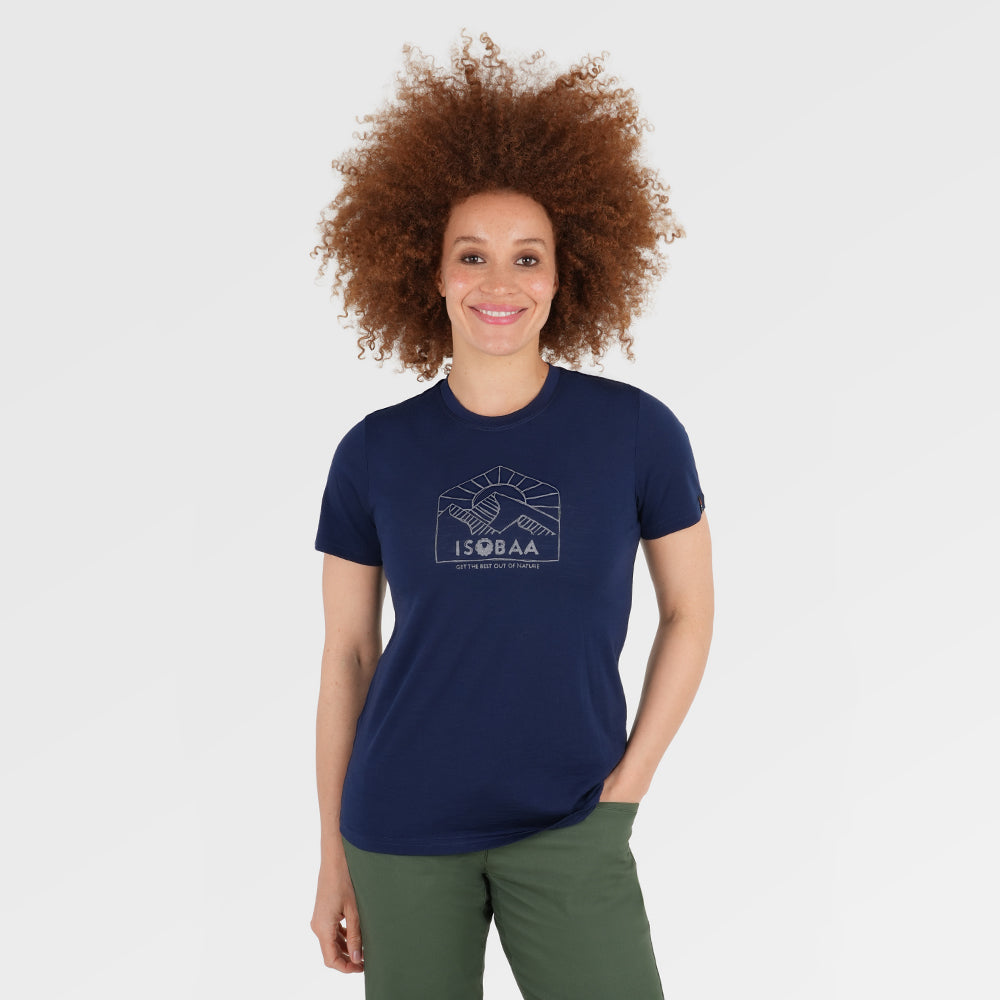 Womens Merino 150 Sketched Sunset Tee (Navy/Charcoal) | Model: Chi Chi