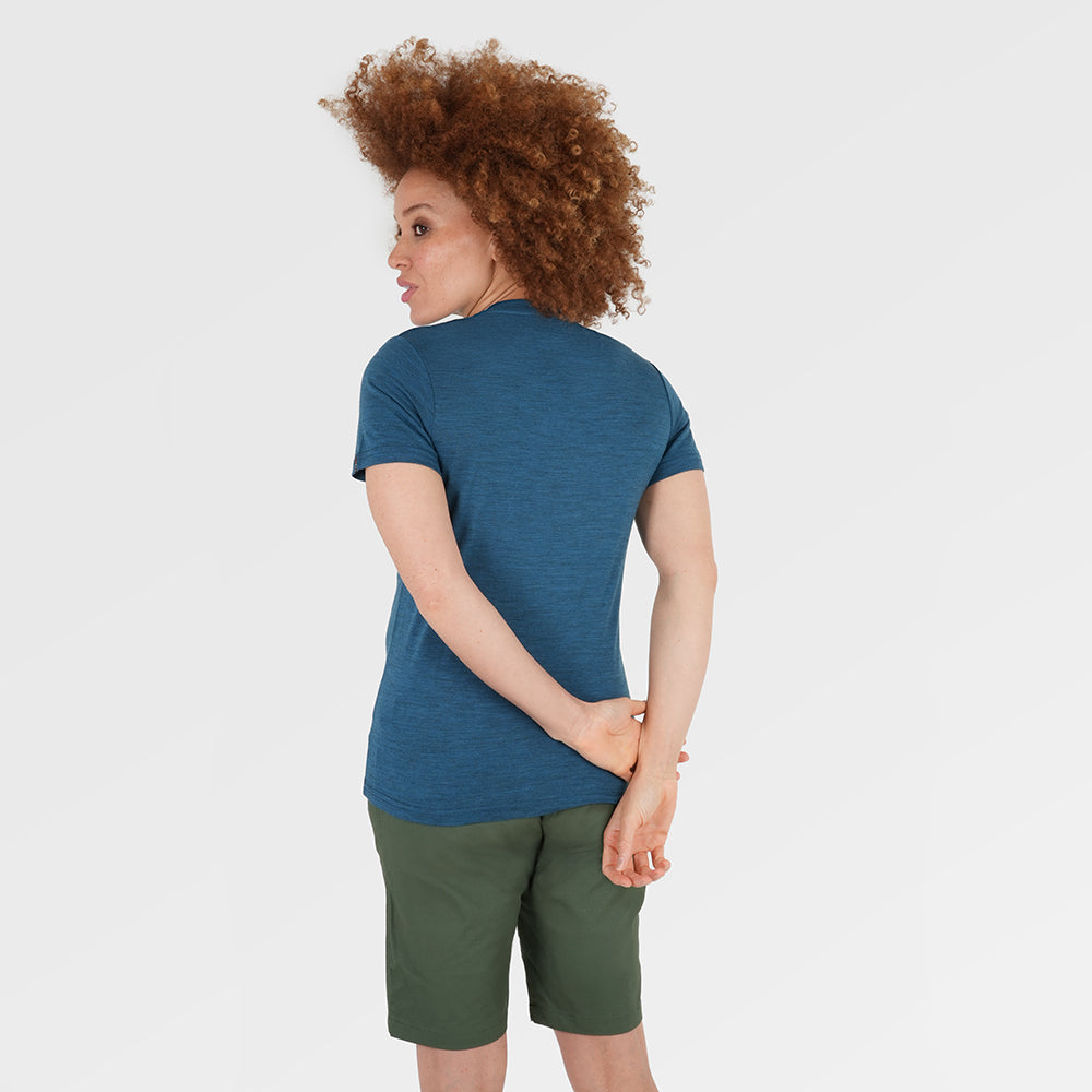 Womens Merino 150 Stamp Summit Tee (Petrol) | Model: Chi Chi