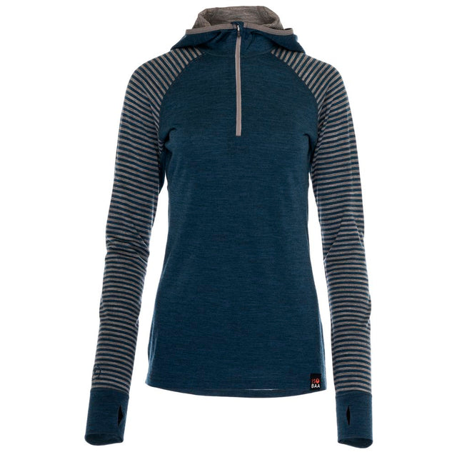 Isobaa | Womens Merino 200 Zip Neck Hoodie (Stripe Petrol/Charcoal) | The ultimate 200gm Merino wool hoodie.