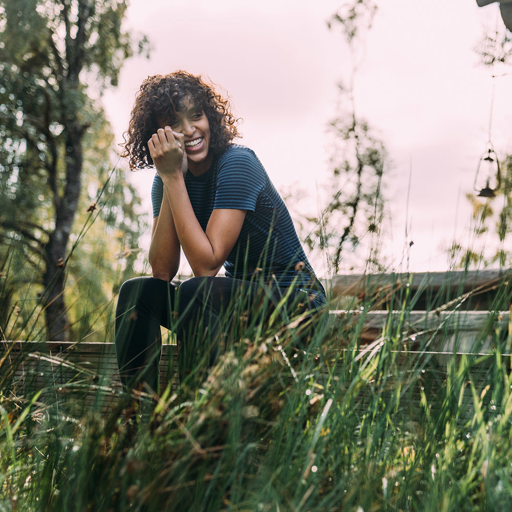 Isobaa | Womens Merino 150 Short Sleeve Crew (Stripe Navy/Denim) | Gear up for performance and comfort with Isobaa's technical Merino short-sleeved top. | Model: Micah