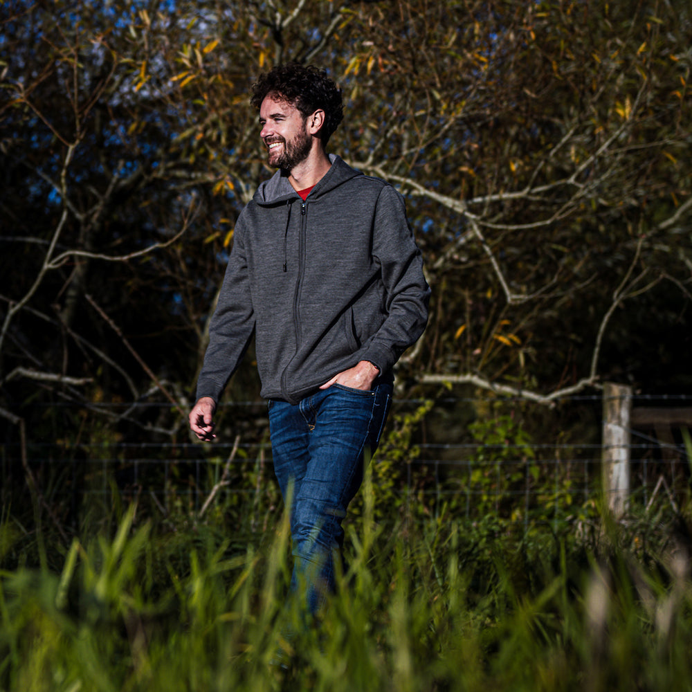 Isobaa | Mens LUX Hoodie (Smoke/Charcoal) | Discover the pinnacle of comfort with Isobaa's 100% Merino double-knit hoodie. | Model: Leighton