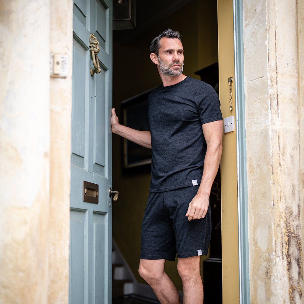 Isobaa | Mens Merino Blend 200 PJ Shorts (Black Melange) | Discover breathable comfort with our Merino blend shorts. | Model: Ben